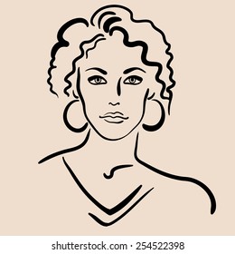 Hand drawn sketch portrait of a woman with earrings and curly hair.