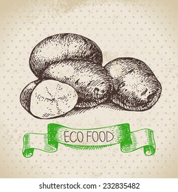 Hand drawn sketch potato vegetable. Eco food background.Vector illustration