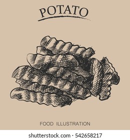 Hand drawn sketch of potatoes fries. Retro style vector illustration poster