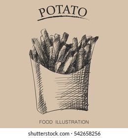 Hand drawn sketch of potatoes fries. Retro style vector illustration poster