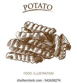 Hand drawn sketch of potatoes fries on white background. Retro style vector illustration poster