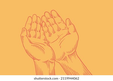 Hand drawn sketch of hand praying isolated on orange background for religion theme in colorful style.