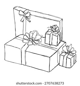 Esboço desenhado à mão de presentes isolados sobre fundo branco.