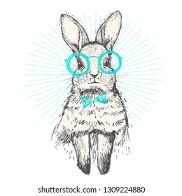 Hand drawn sketch Rabbit. Hipster rabbit, vintage hare or bunny drawing with glasses and bow tie. Portrait of rabbit