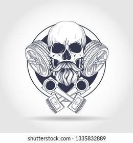 Hand drawn sketch, racer skull with piston and wheel, beard and mustaches