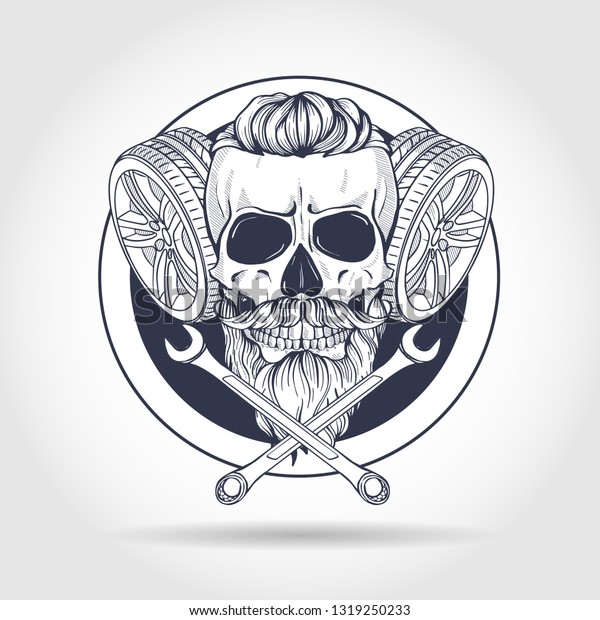 Hand drawn sketch, racer skull with wrench and\
wheel, beard and\
mustaches