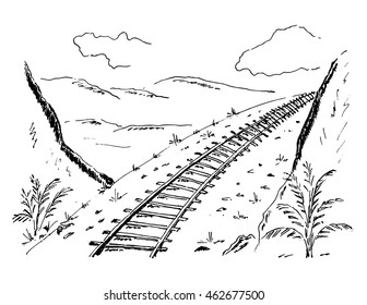 Hand drawn sketch of railroad of train with mountain background panorama. monochrome vintage illustration in doodle style