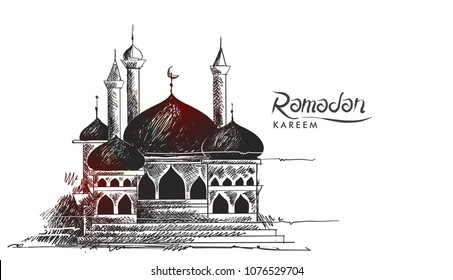 Hand drawn Sketch of Ramadan Background, Ramadan Kareem text with mosque Vector Illustration.