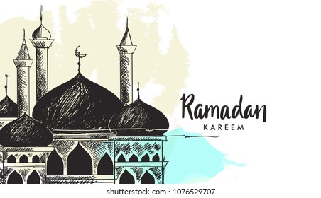 Hand drawn Sketch of Ramadan Background, Ramadan Kareem text with mosque Vector Illustration.