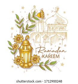 Hand Drawn Sketch of Ramadan Kareem with  lantern , mosque.