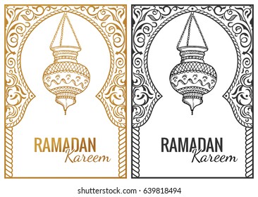 Hand drawn Sketch of Ramadan Kareem flashlight. Vintage gold and black vector Background. Greeting arabic traditional lantern. Eastern holyday symbol