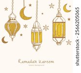 Hand drawn sketch of ramadan lantern background with crescent and stars. Ramadan kareem greeting vector illustration 