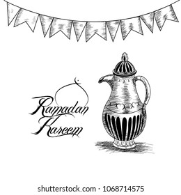 Hand drawn Sketch of Ramadan Lantern with grunge Background.