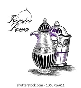 Hand drawn Sketch of Ramadan Lantern with grunge Background.