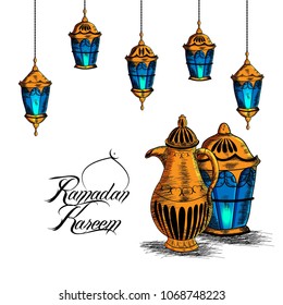 Hand drawn Sketch of Ramadan Lantern with grunge Background.