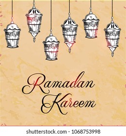 Hand drawn Sketch of Ramadan Lantern with grunge Background.