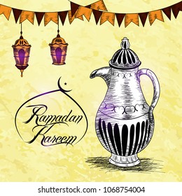 Hand drawn Sketch of Ramadan Lantern with grunge Background.