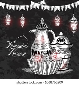 Hand drawn Sketch of Ramadan Lantern with grunge Background.