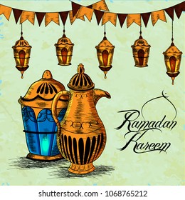 Hand drawn Sketch of Ramadan Lantern with grunge Background.