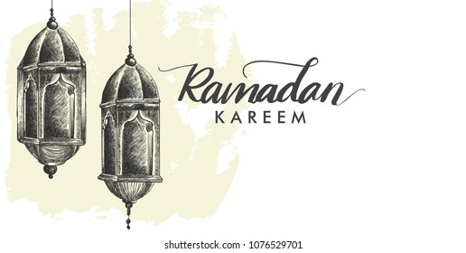 Hand drawn Sketch of Ramadan Lantern with vintage Background. Vector Illustration