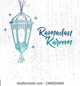 Hand drawn Sketch of Ramadan Lantern with grunge Background. Vector Illustration - Vector
