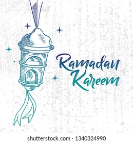 Hand drawn Sketch of Ramadan Lantern with grunge Background. Vector Illustration - Vector