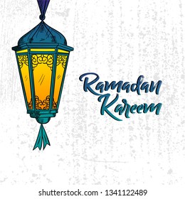 Hand drawn Sketch of Ramadan Lantern with grunge Background. Vector Illustration