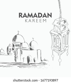 Hand drawn Sketch of Ramadan Lantern with grunge Background. Vector Illustration