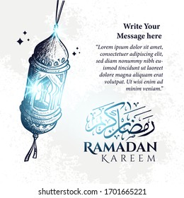 Hand drawn Sketch of Ramadan Lantern with Ramadan Calligraphy text, Copy space and grunge Background.