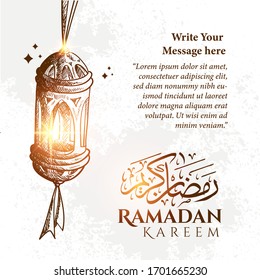 Handgezeichnete Skizze von Ramadan Lantern mit Ramadan-Kalligrafie-Text, Kopienraum und brüchiger Hintergrund.