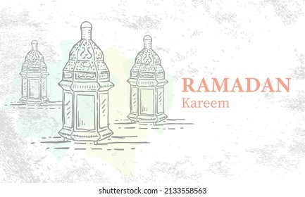 Esquisse dessinée à la main de Lanterne du Ramadan sur Fond grunge. Illustration vectorielle - Image Vectorielle