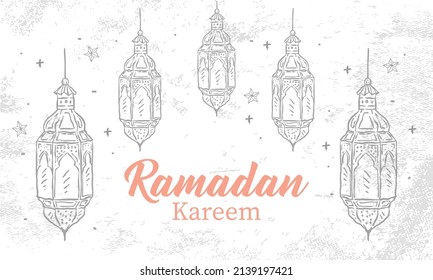 Hand drawn Sketch of Ramadan Lantern with grunge Background. Vector Illustration - Vector