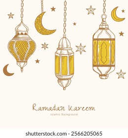 Hand drawn sketch of ramadan lantern background with crescent and stars. Ramadan kareem greeting vector illustration 