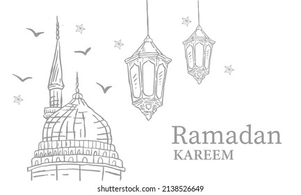 Hand Drawn Sketch of Ramadan mosque and lantern for Ramadan Kareem