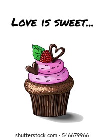 a hand drawn sketch of a raspberry cupcake in the modern style of a markers imitation with a saying love is sweet. A vector food illustration isolated on white background