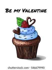 a hand drawn sketch of a raspberry cupcake in the modern style of a markers imitation with a script a cupcake a day keep the doctors away. A vector food illustration isolated on white background