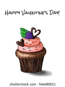 a hand drawn sketch of a raspberry cupcake in the modern style of a markers imitation with a saying happy valentine's day. A vector food illustration isolated on white background