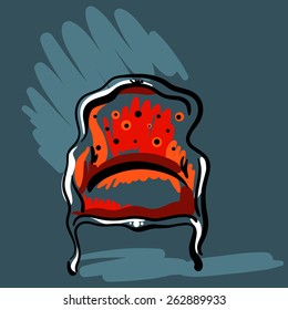 Hand drawn sketch of a red classic armchair on the blue background. Elegant furniture.