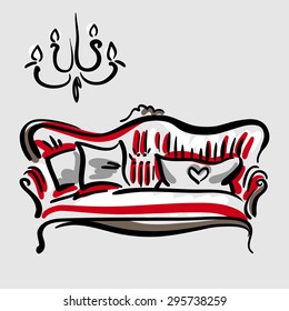 Hand drawn sketch of a red classic couch with grey pillows. Elegant furniture. Vector hand drawn illustration.