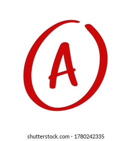 Hand drawn sketch of red grade A note and result isolated on white background. Test exam mark report.