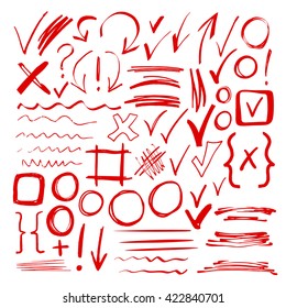 Hand drawn sketch red marker, brushed signs, arrows, lines, handwritten, marker design elements set  isolated