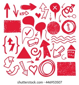 Hand drawn sketch red marker signs, arrows, lines, shapes, handwritten, design elements set isolated on white background