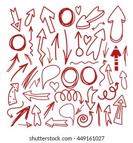 Hand drawn sketch red marker signs, arrows, circles, speech bubble, hearts. Line art, outline design elements set isolated on white background