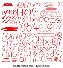 Hand drawn sketch red signs, icons, arrows, lines, handwritten design elements set isolated on white background