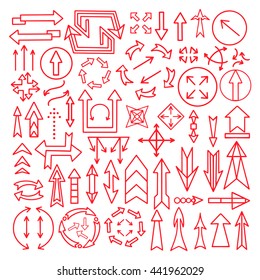Hand drawn sketch red signs, arrows, line art, outline design elements set isolated on white background