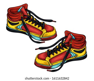 Hand drawn sketch red-yellow sneakers. Vector illustration. A pair of sports color shoes isolated on a white background.