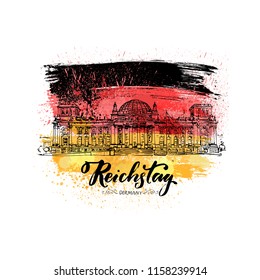 Hand drawn sketch of Reichstag, Berlin, Germany  in vector with watercolor style flag