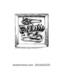 Hand drawn sketch restaurant food. European cuisine menu. Vector illustration on white background. Not AI generation