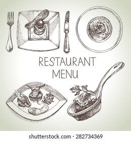 Hand drawn sketch restaurant food set. European cuisine menu. Vector illustration