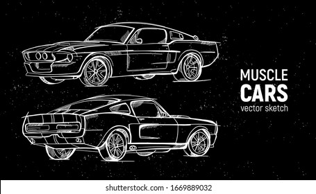 Hand drawn sketch retro car vector set. Three-quarter view and half-turn view. Muscle cars. Pencil design.